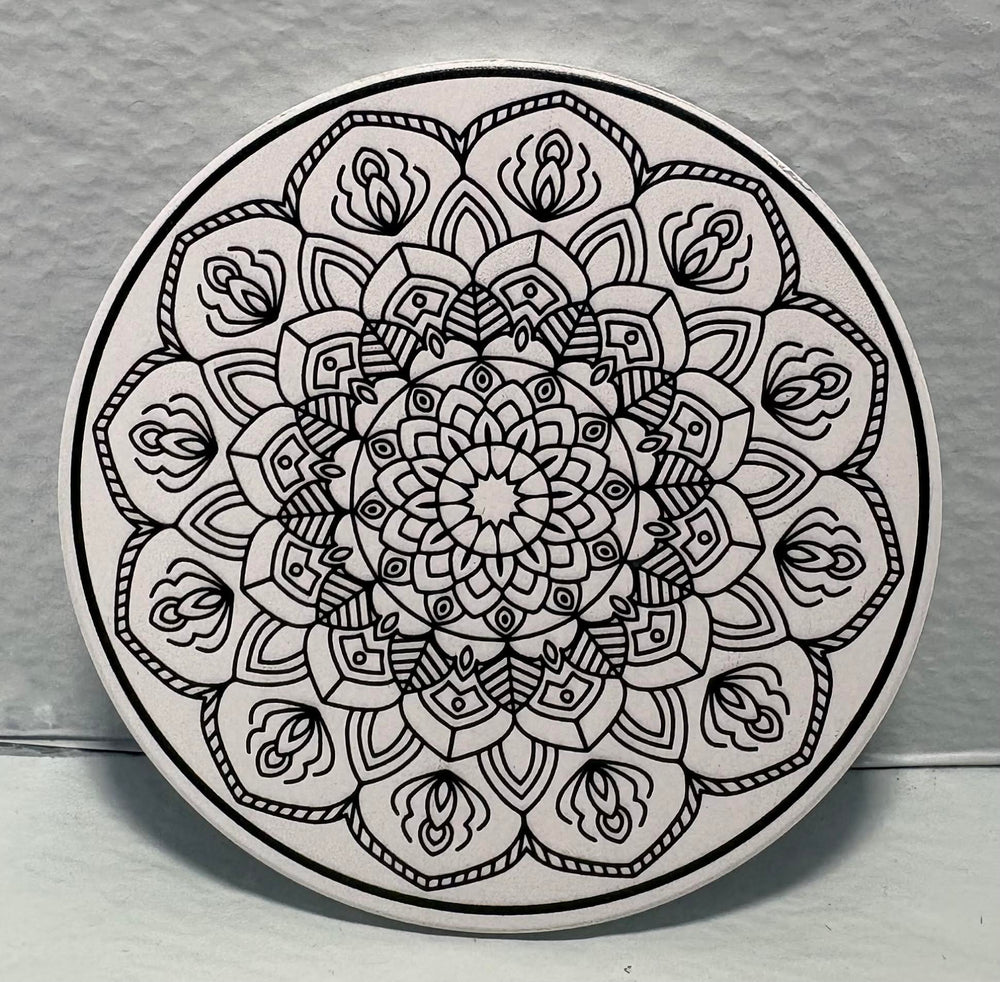 ( shf 7 ) Set of 8 Wood and Ceramic Coasters with Black Mandala Print for Coffee Table