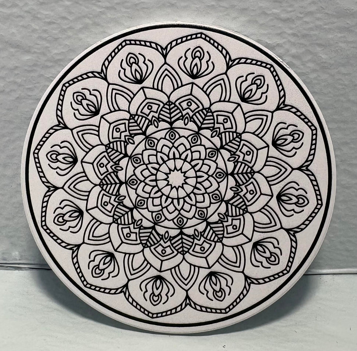 ( shf 7 ) Set of 8 Wood and Ceramic Coasters with Black Mandala Print for Coffee Table