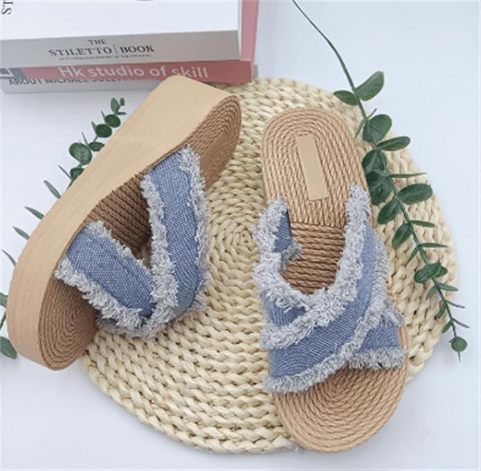 ( shf 13 ) Denim Slipper Slide Sandals For Women with Cross Design ( size 9 )