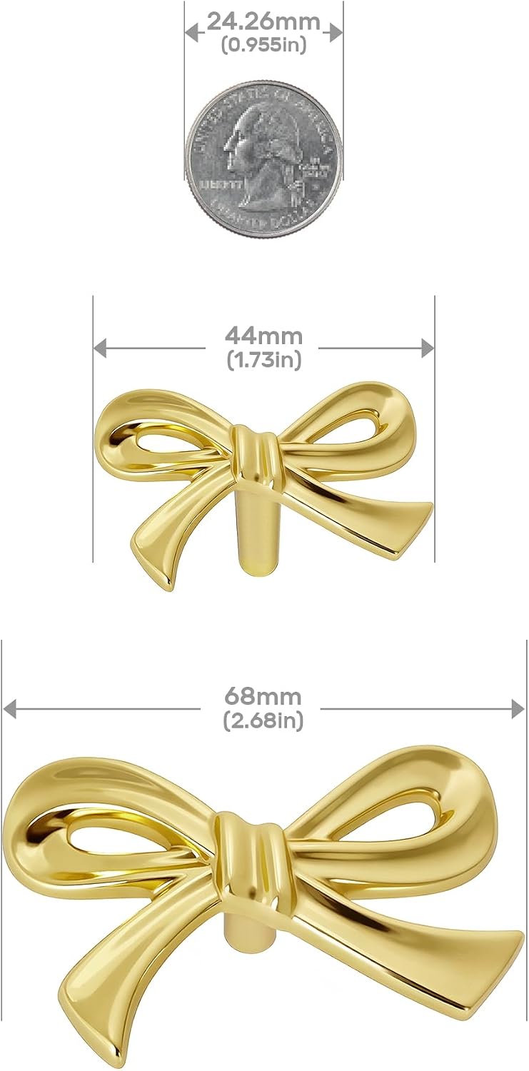 ( shf 32 ) 6 Pack Large Brushed Gold Bow Dresser Cabinet Knobs, 2.7 Inches