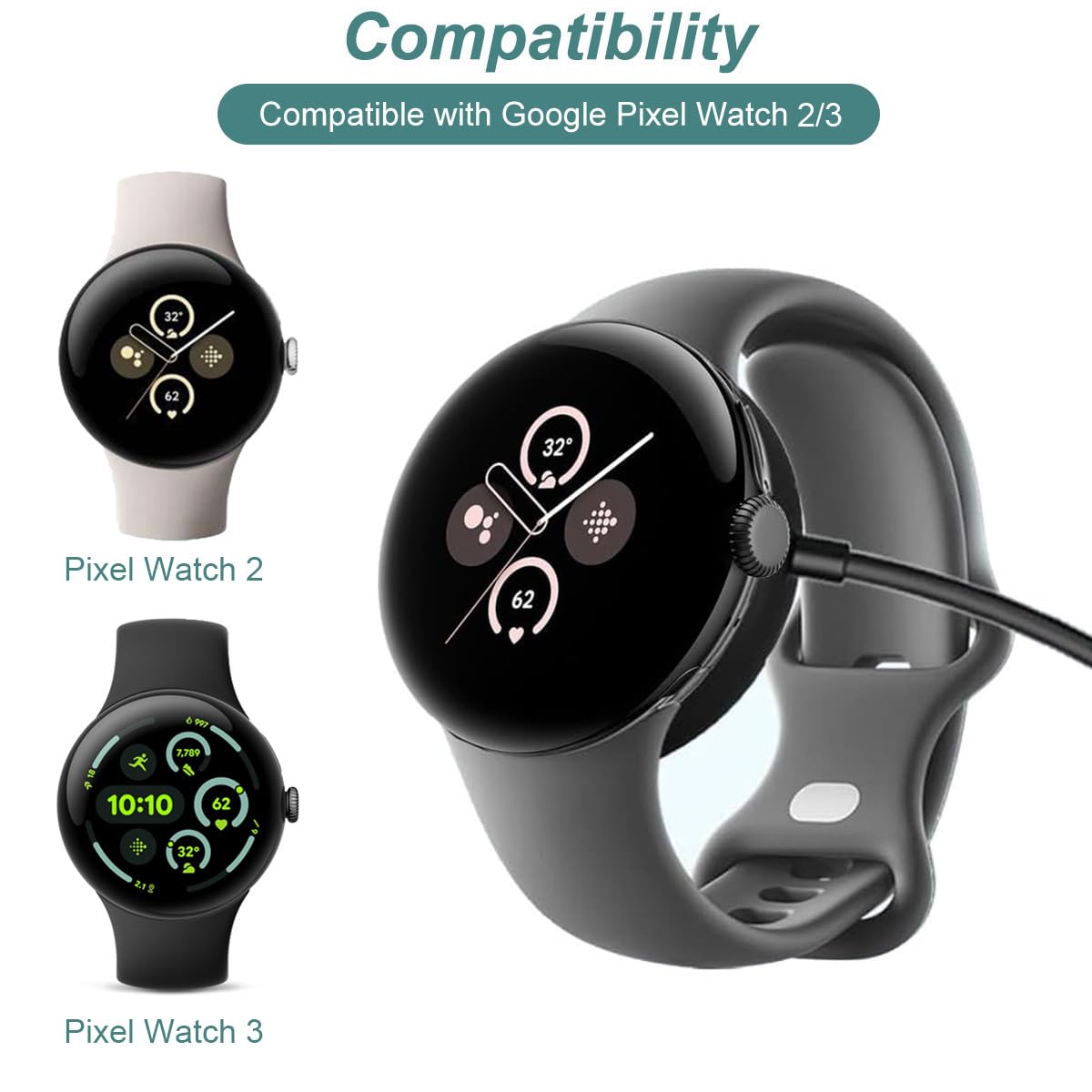 ( shf 27 ) USB-A/C Charger for Google Pixel Watch 2 & 3 Smartwatch (Black)