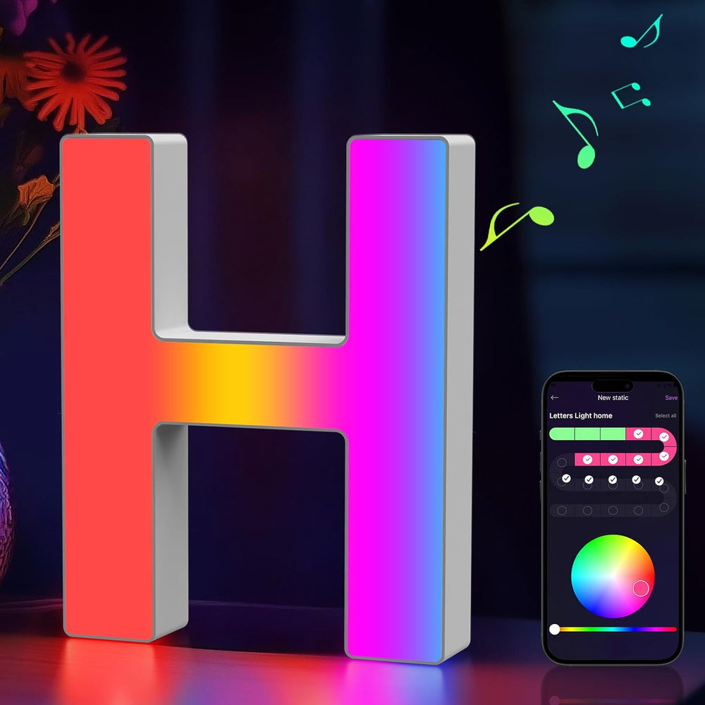 Light Up Letters Marquee Letter - Music Sync RGB Color Changing LED Lights Letter Logo Game Lights for Girls Women Party Birthday Christmas Valentine's Day Wall Desktop Decoration (MRGB-H)