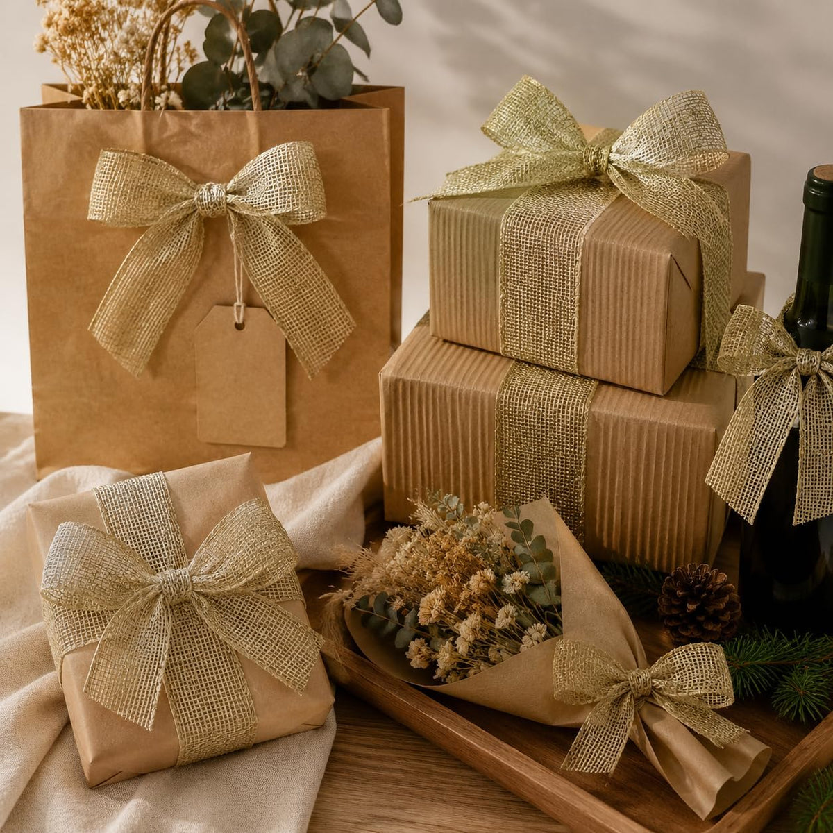 ( shf 24 ) Rilisili Natural Burlap Wired Ribbon 2-1/2 Inch x Continuous 25