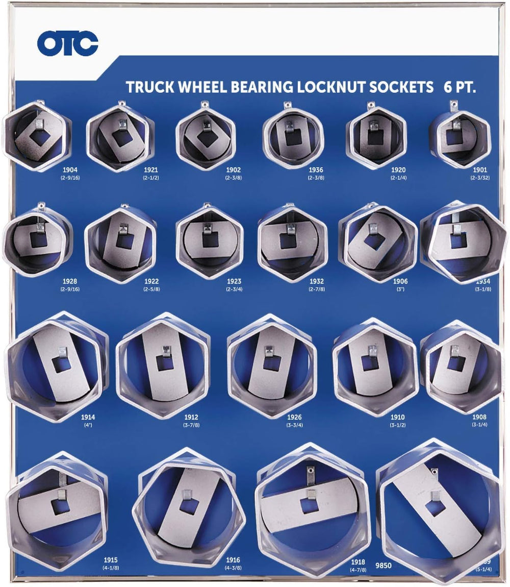 ( shf 29 ) OTC 9850 21pc. 6-point Truck Wheel bearing locknut Socket W/Tool Board.