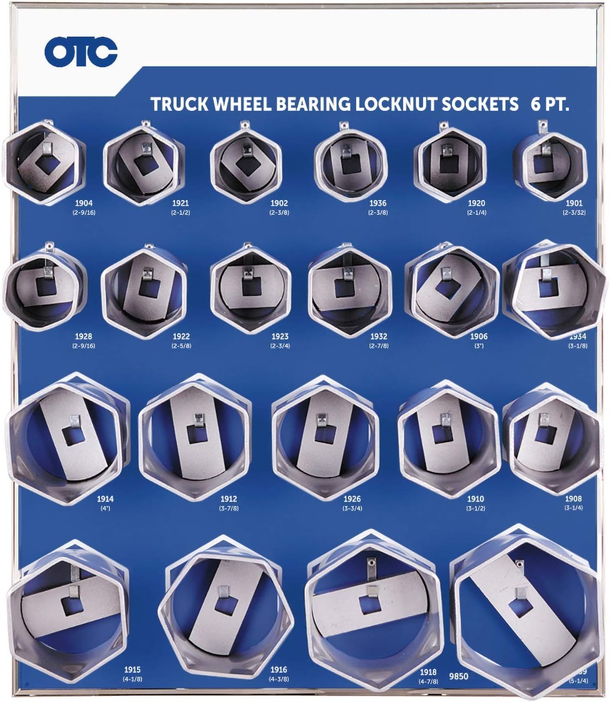 ( shf 29 ) OTC 9850 21pc. 6-point Truck Wheel bearing locknut Socket W/Tool Board.