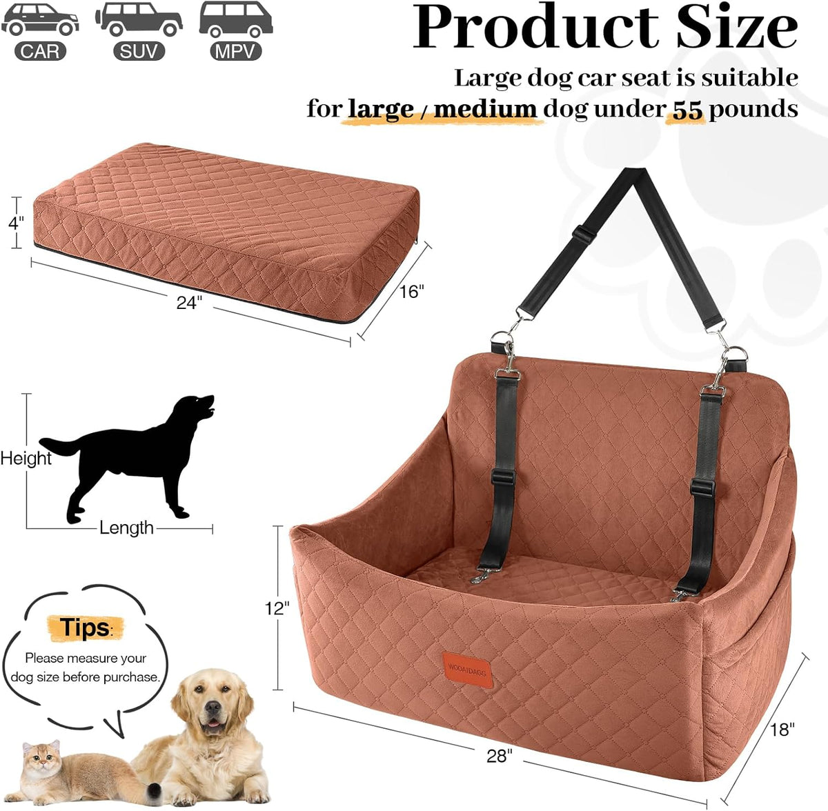 ( shf 30 ) Wooaidagg Dog Car Seat for Medium & Large Dogs