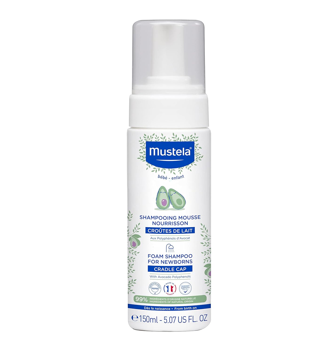 Mustela Foam Shampoo for Newborns - Baby Shampoo for Cradle Cap with Naturally Derived Avocado Oil Polyphenols - Fragrance-Free - 5.07 fl. oz