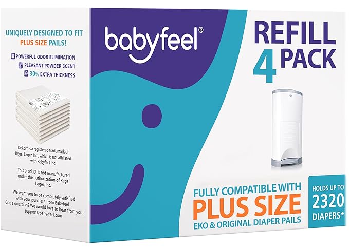 Babyfeel Refills Compatible with DEKOR PLUS Diaper Pails | 4 Pack | Exclusive 30% Extra Thickness | Diaper Pail Refills with Powerful Odor Elimination | Fresh Powder Scent | Holds up to 2668 Diapers