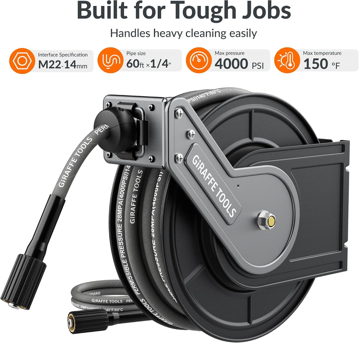 ( shf 33 ) Giraffe Tools Pressure Washer Hose Reel with Replaceable 60FT Pressure Hose | 4000 PSI