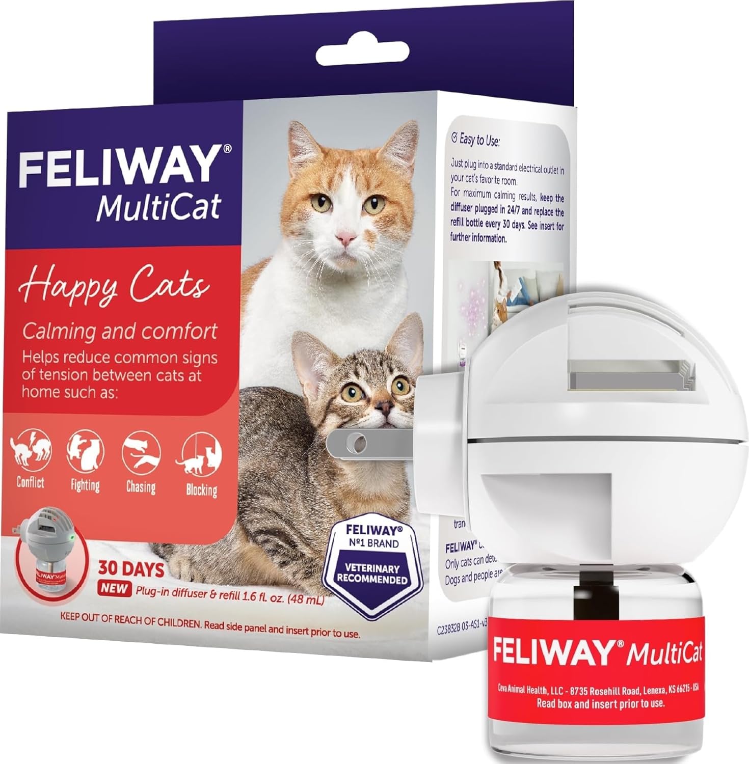 FELIWAY MultiCat 30 Day Cat Calming Plug In Pheromone Diffuser Starter Kit, 48ml - Helps Reduce Conflicts and Signs of Tension in Multi-Cat Households