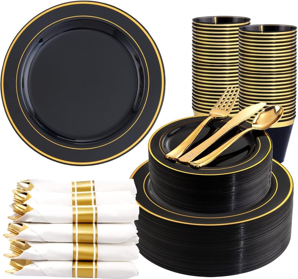 250 Pieces Black and Gold Plastic Plates