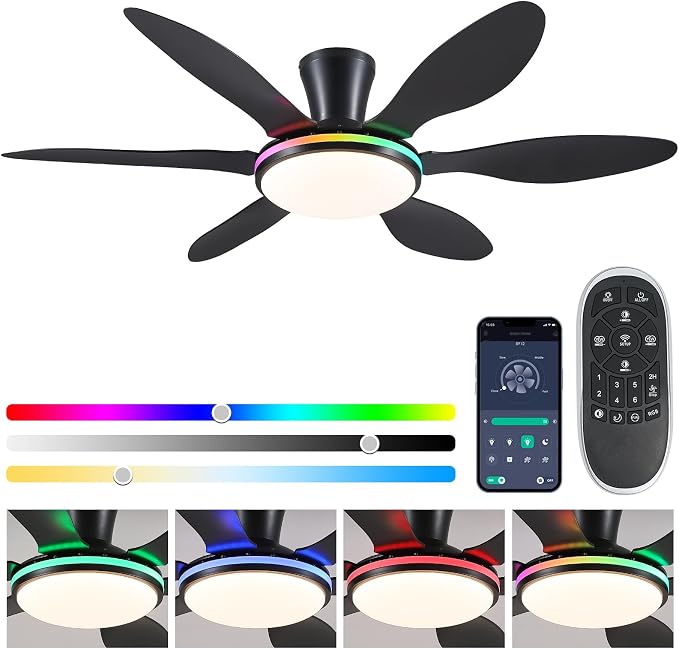 BayDay Ceiling Fans with Lights, Flush Mount Ceiling Fan Led Lights Quiet DC Dimmable 6 Blades (Black Fan, Led Light + Side RGB Light, 51 inch)