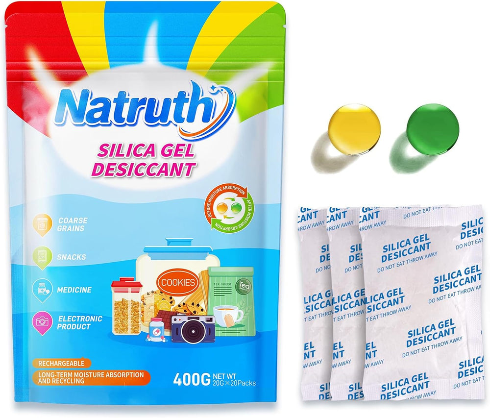 NATRUTH 20 Gram [20 Packs] Food Grade Silica Gel Packets with Color Indicating Beads Reusable Desiccant Packs for Storage, Rechargeable Moisture Absorbers for Food Seeds Snacks Spices Jewelry