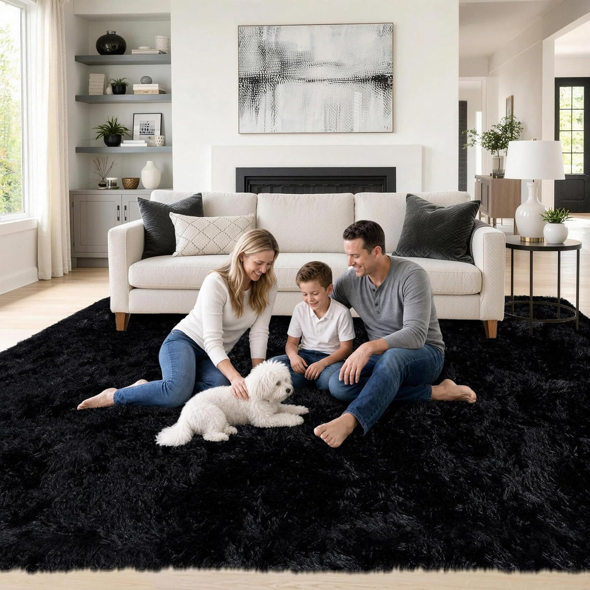8x10 ft Black fuzzy plush living room rugs