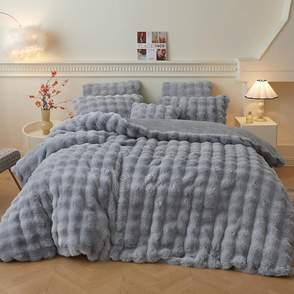 ( shf 34 ) LIFEREVO 3 PCS Fluffy Faux Rabbit Fur Duvet Cover Set King Size, Gray