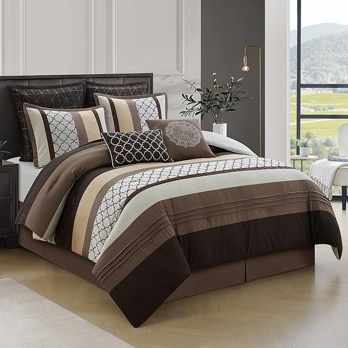LANCO MODERN LIFESTYLE Queen Comforter Set, Brown Bedding Set, Jacquard Woven with Embroidery, 8 Pieces Bed in a Bag, Bed Skirt, Shams and Decorative Pillows