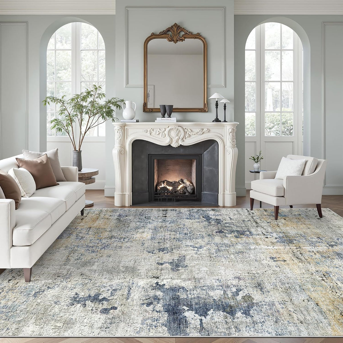 Soalmost Abstract Rug 8x10 Large Living Room Area Rugs Washable Blue/Yellow