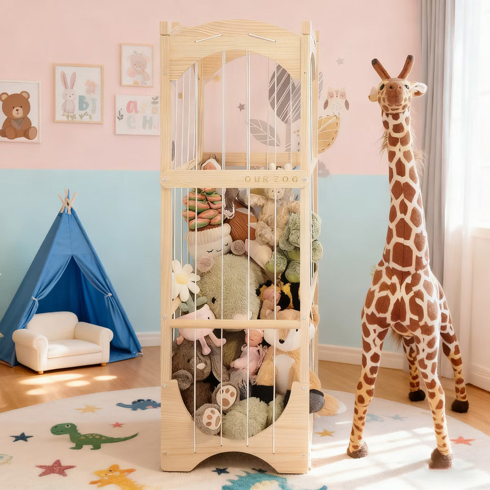 Stuffed Animal Storage Organizer with 360° Wheels, Large Wooden Plush Toy Holder, Kids Teddy Bear Zoo Cage for Playroom & Toddler Bedroom